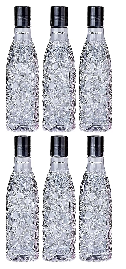 Floraware Food Grade Premium Plastic Fridge Round Water Bottle, Drinking Bottle, 1000ml Pack of 6, Black