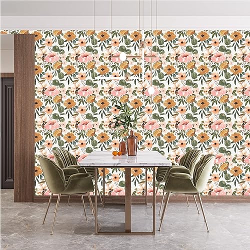 Miniatura 8 de UniGoos Papel tapiz de acuarela de flores rosadas marrones, despegar y pegar, pintado a mano, autoadhesivo, floral, papel de pared temporal, papel