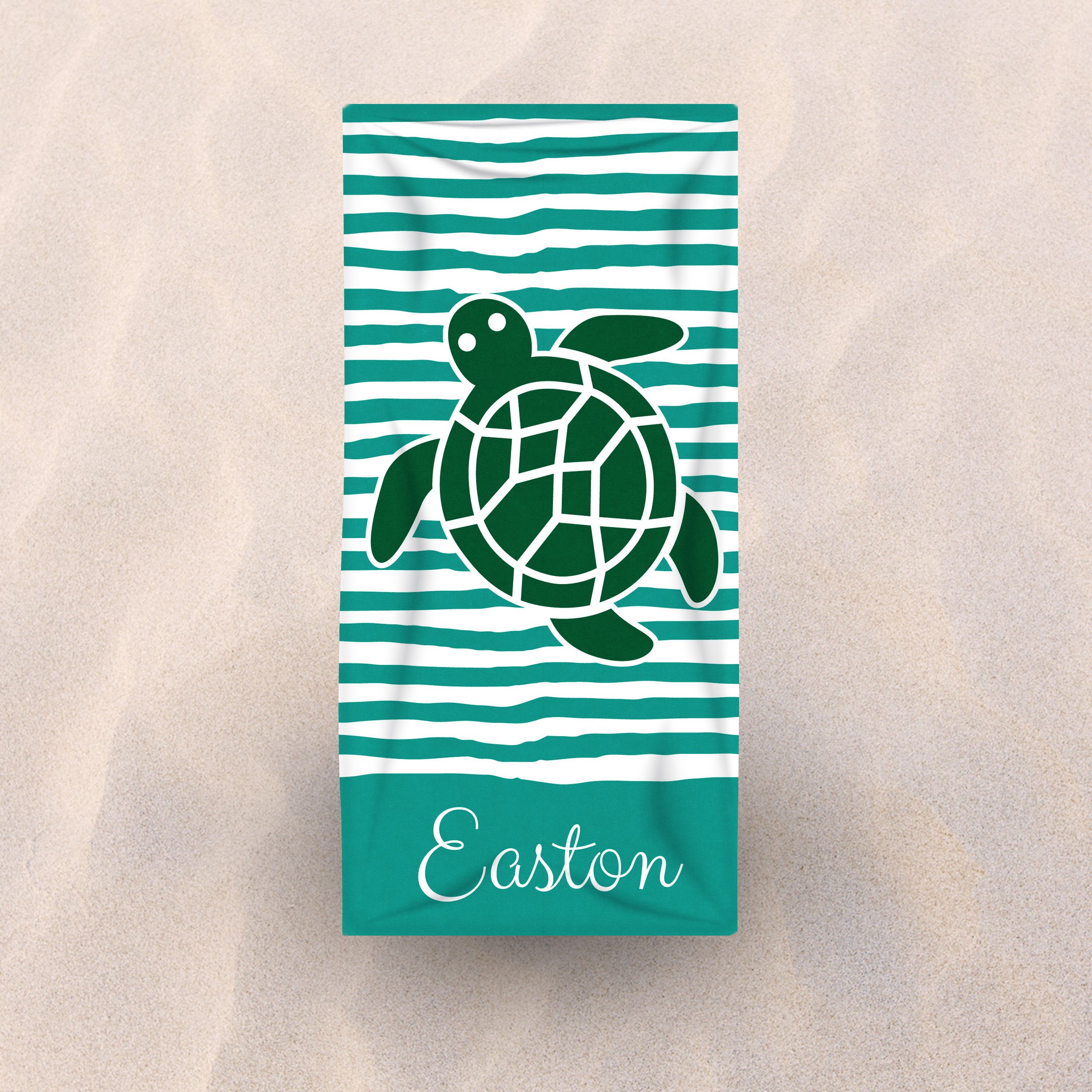 fyrcracker Personalized Jumbo XL Premium Beach Towel, Super Soft 35 x 70” Cotton/Microfiber, Green Mr. Sea Turtle with Teal Stripes Pool Towel for Kids, Teens, and Adults
