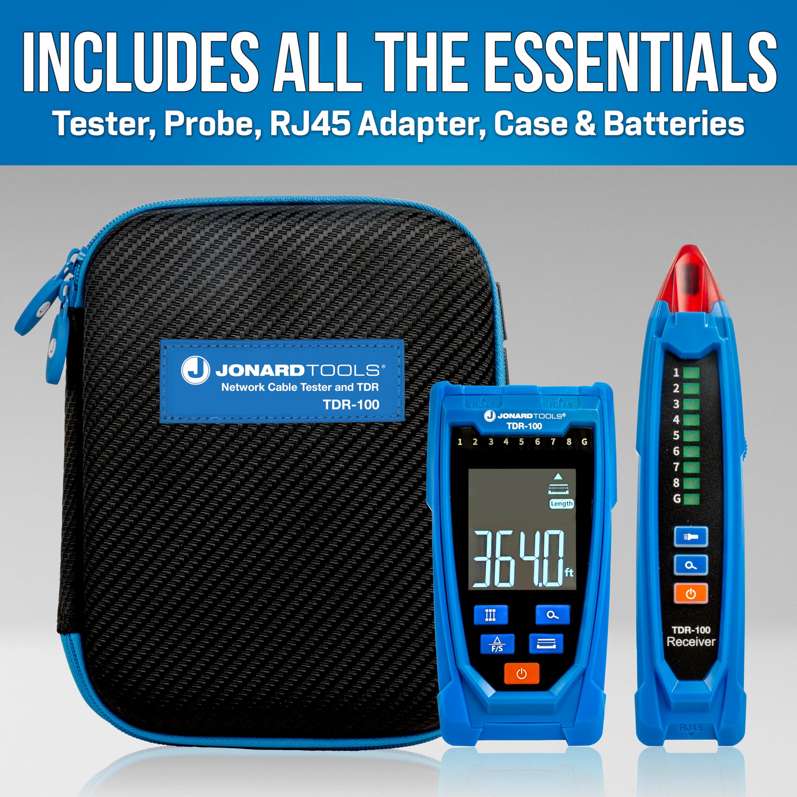 Jonard Tools TDR-100 - Probador de cable de red y TDR, con sonda de rastreo de cables, adaptador RJ45, pantalla LCD y funda de transporte