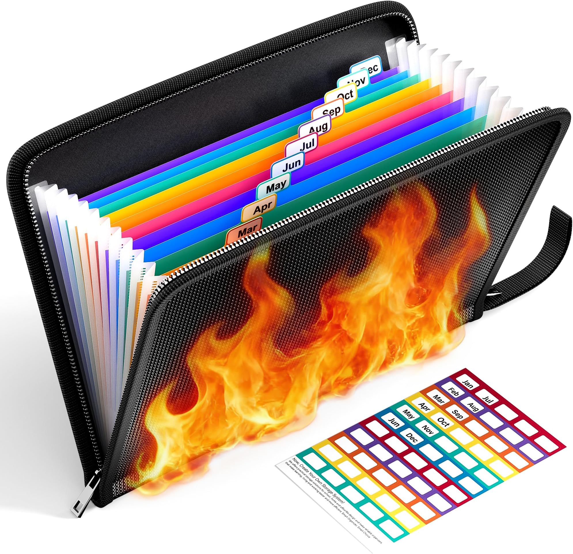 ThinkTex Important Document Organiser, Fireproof & Waterproof, 12 Pockets Zippered Accordion Files, Colorful Tabs