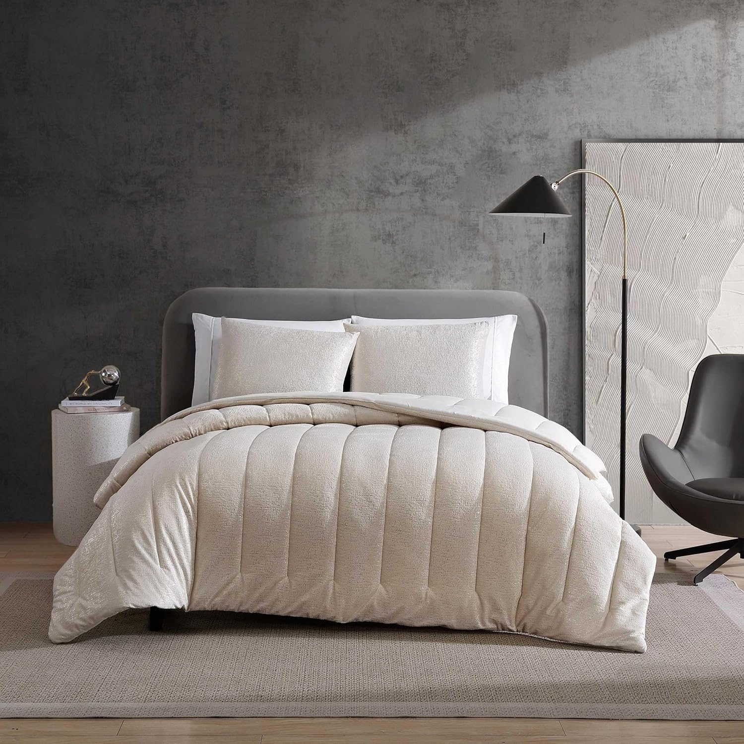 Kenneth Cole - Full/Queen Comforter Set, Velvet Metallic Bedding with Matching Shams, Velvet Home Decor, Oeko-Tex Certified (Banks Ivory, Full/Queen) Banks Ivory Full/Queen