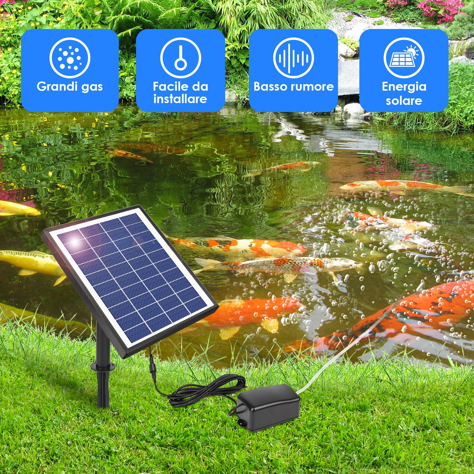 Aeratore Laghetto Solare 6W - Con Batteria 2400mAh E 2 Pietre Per Bolle