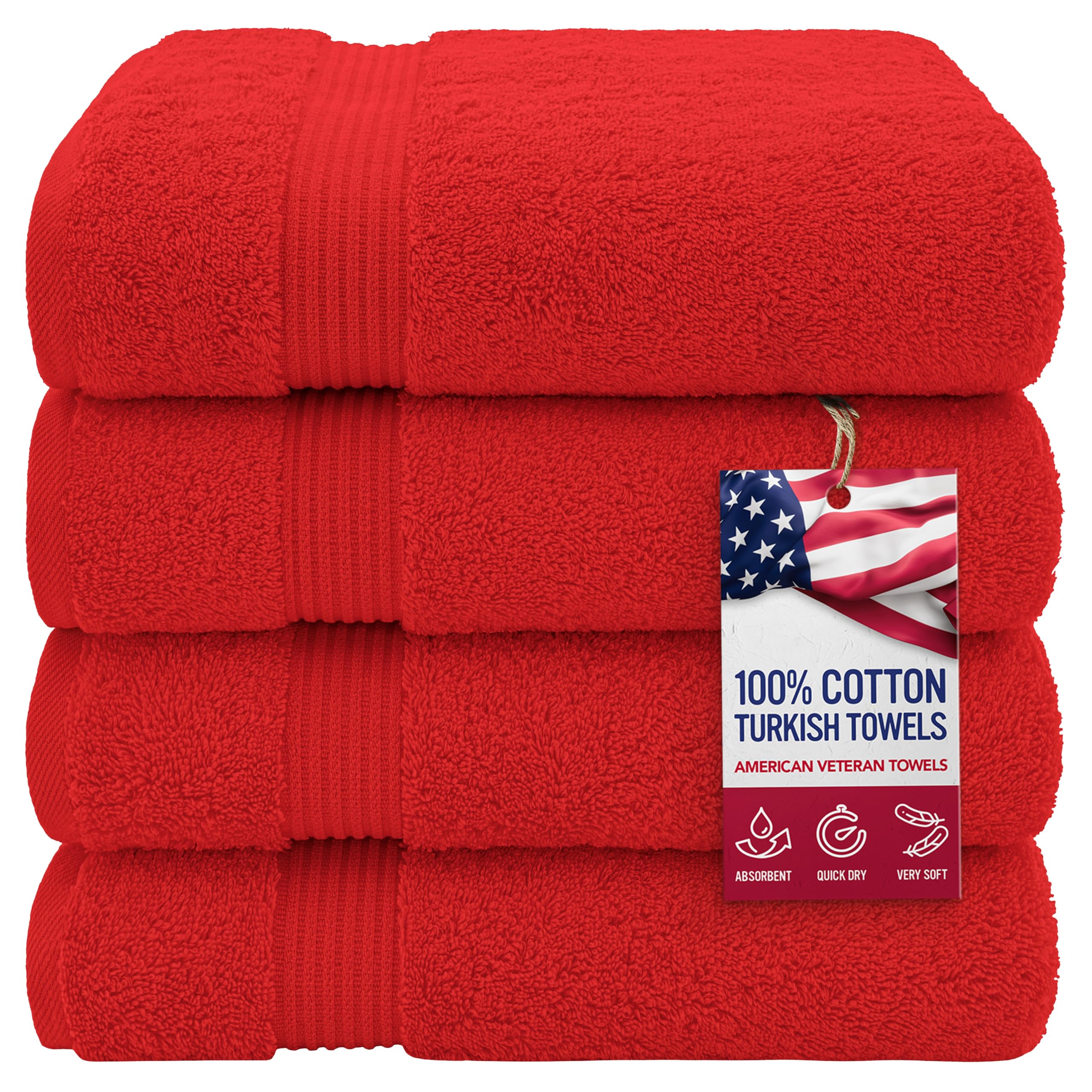 American Veteran Towel, 100% Cotton Turkish Bath Towels for Bathroom 4 Pack, 27x54 Extra Large Premium Soft Drying Bathroom Towels, Red