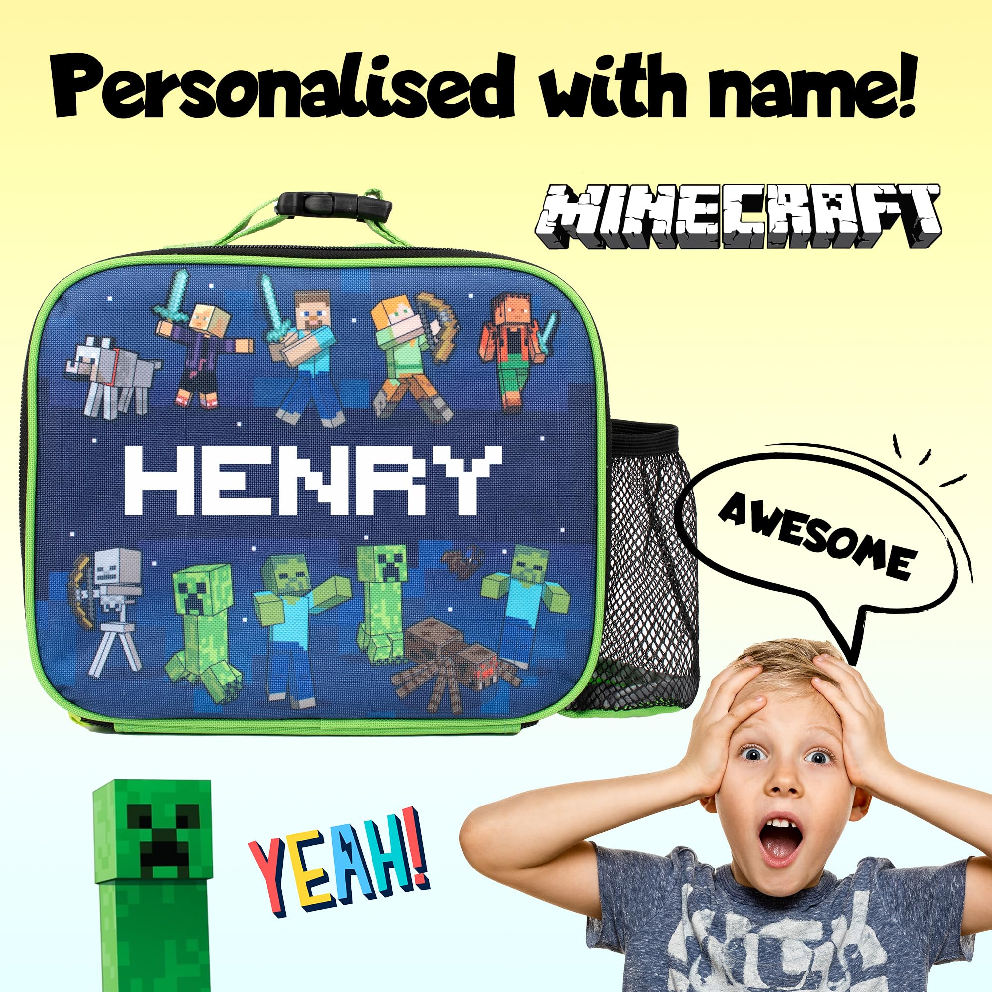 Minecraft Sac à déjeuner personnalisé pour enfants – Sac à goûter isotherme pour garçons et filles – Personnalisation du nom – Bleu foncé