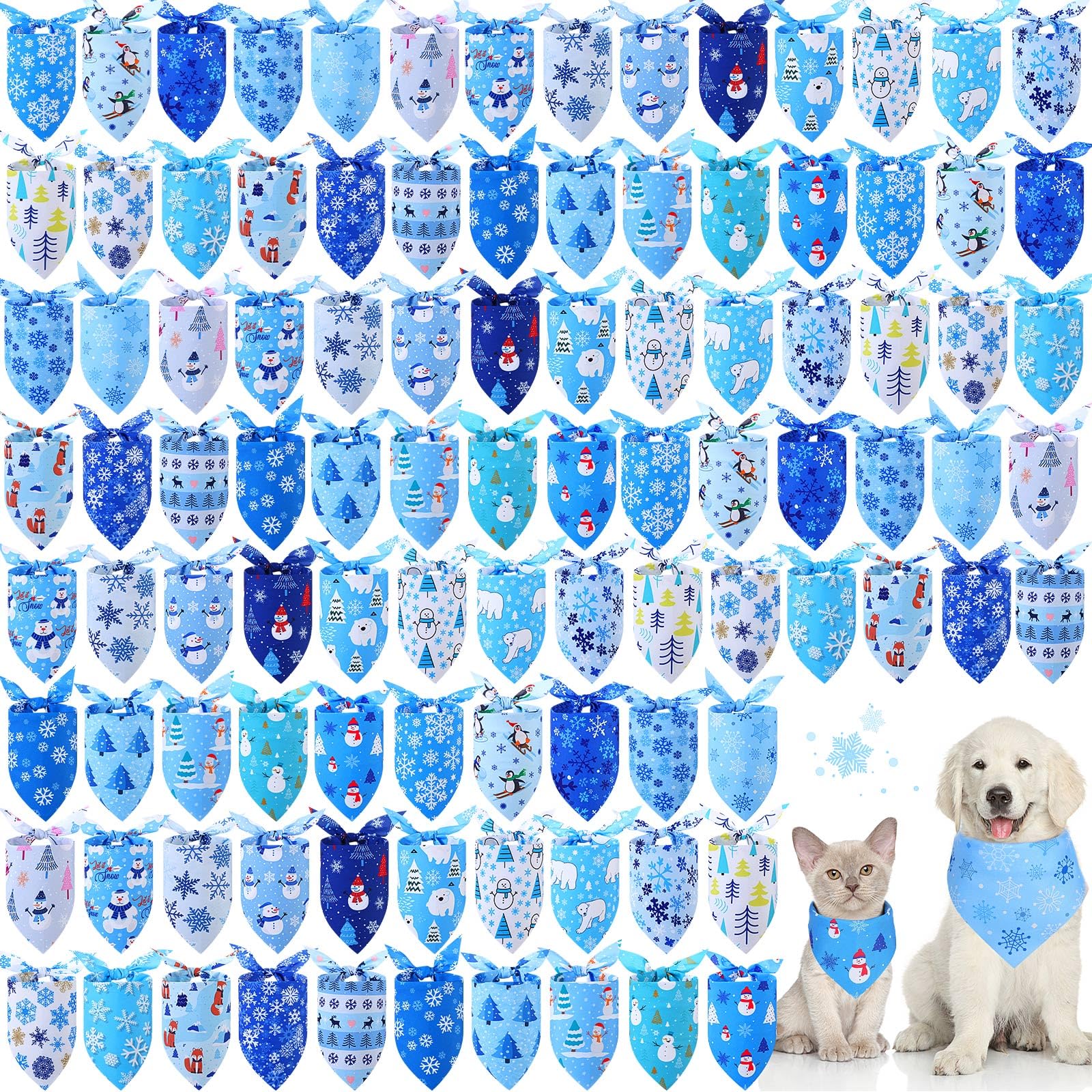 Abbylike 100 Pcs Winter Dog Bandanas Bulk Blue Snowflake Bandanas for Dogs Triangle Kerchief Bibs Scarf for Pet Xmas Costume Photo Props Accessories