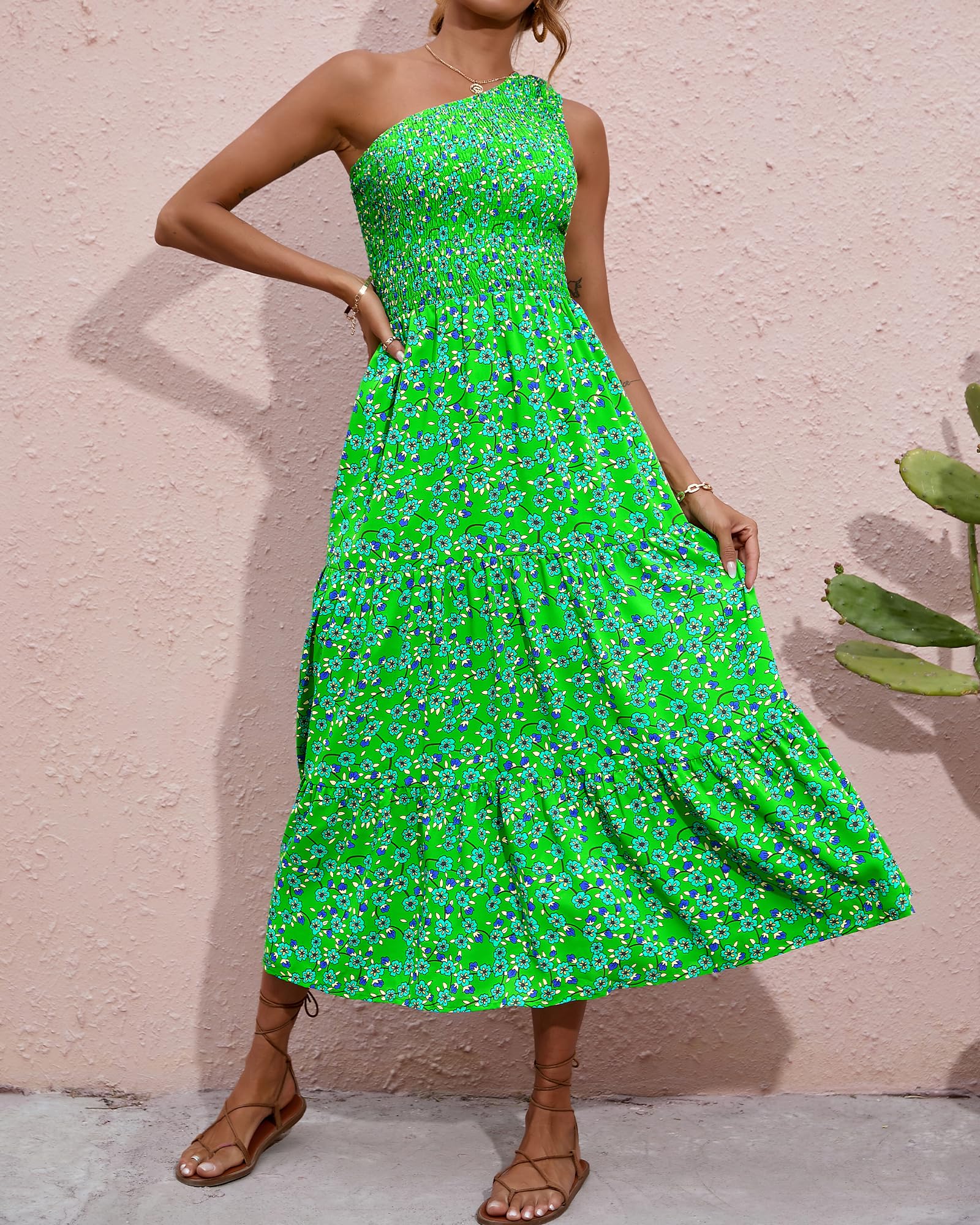 BTFBM 2025 Summer One Shoulder Dresses for Women Casual Sleeveless High Waist Floral Flowy Smocked Boho Beach Maxi Dress