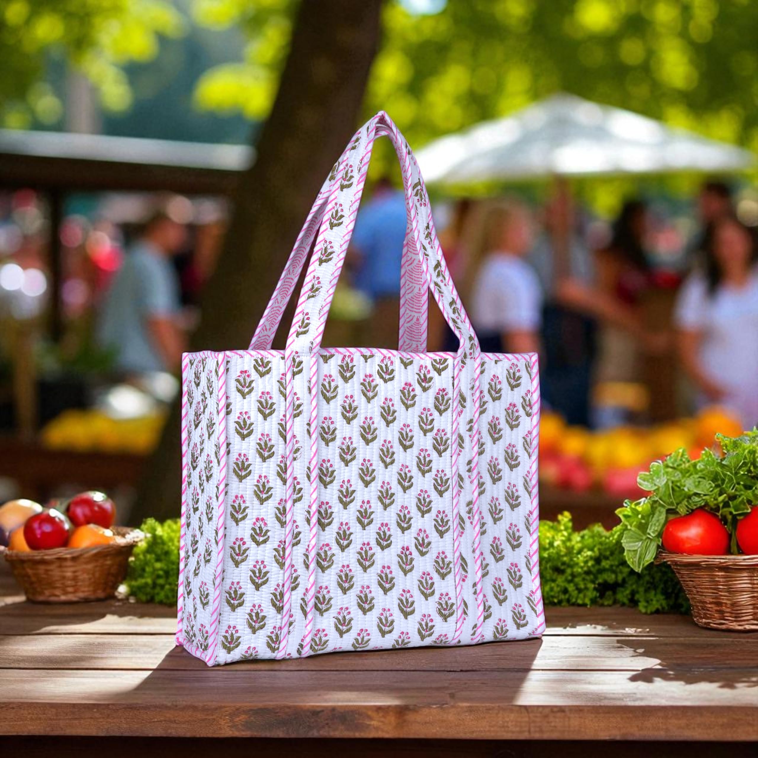 Tragetasche für Damen, Einkaufstasche, groß, gesteppt, Baumwolle, wiederverwendbare Strandtasche, Arbeitstasche für Damen, florale Reisetasche, stilvolle Schultertasche, übergroße gesteppte