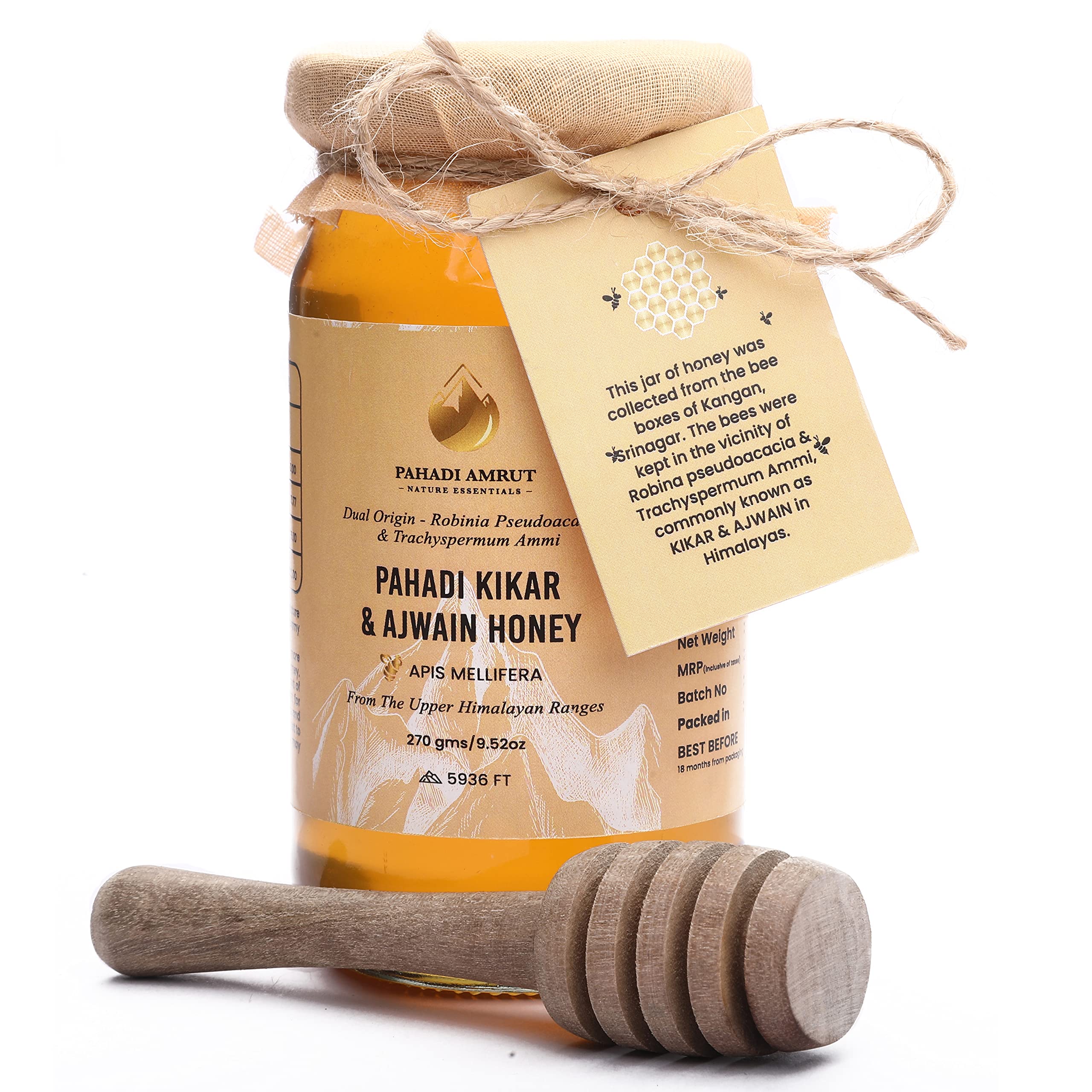 Pahadi Amrut Kikar and Ajwain Honey, 270 gms with Wooden Honey Dipper | Dual Origin Raw Himalayan Acacia and Ajwain Honey | 100% Raw and Unprocessed | Traditionally Harvested In Srinagar (Jammu & Kashmir) At a Height of 5936 Ft | Limited Produce (B09VDNXZ1C) Amazon Price History, Amazon Price Tracker
