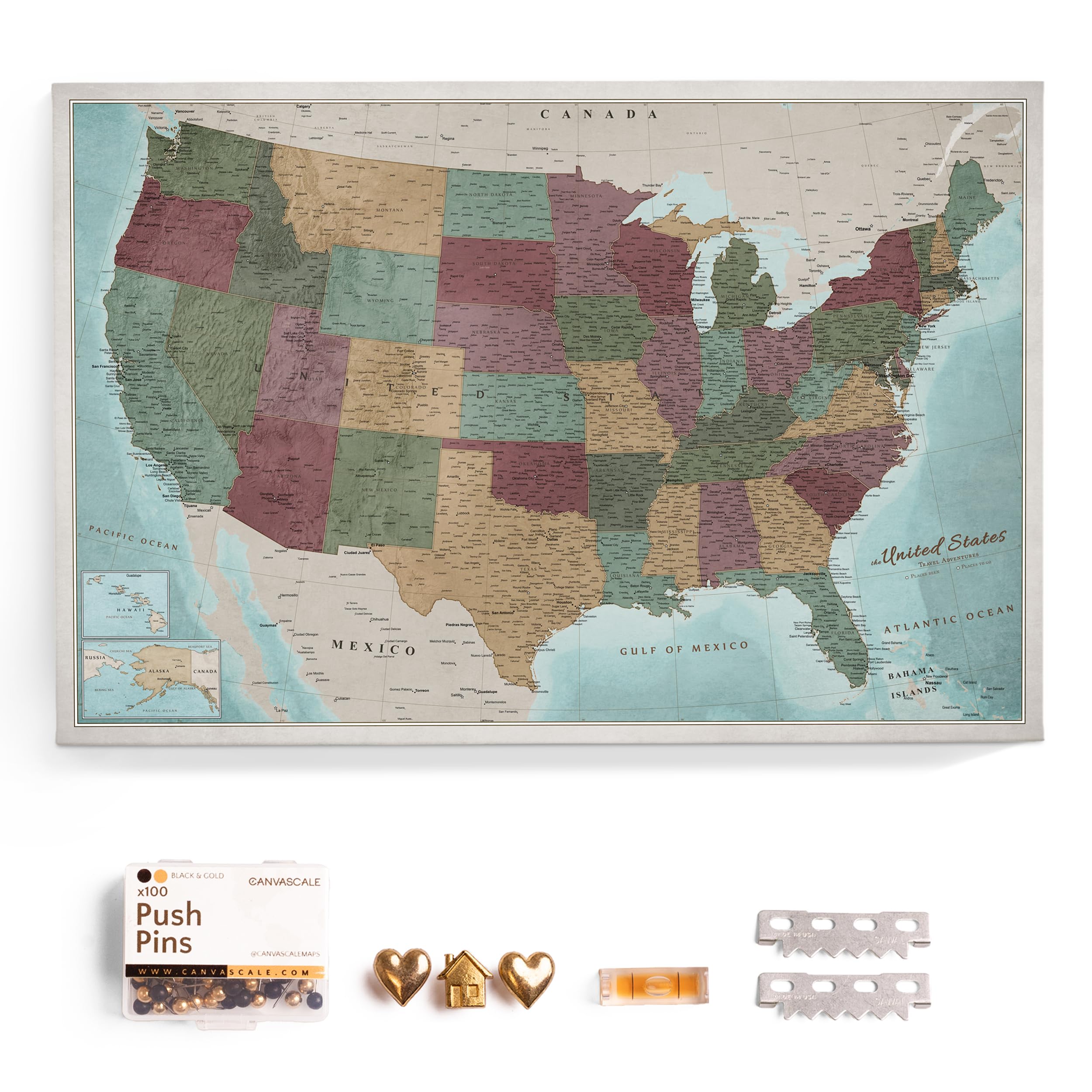 USA Map Canvas Wall Art with Cork Pin Board – Decorative Push Pin Travel Map for Home, Office, Living Room, Bedroom (120x80cm - Pattern 11)