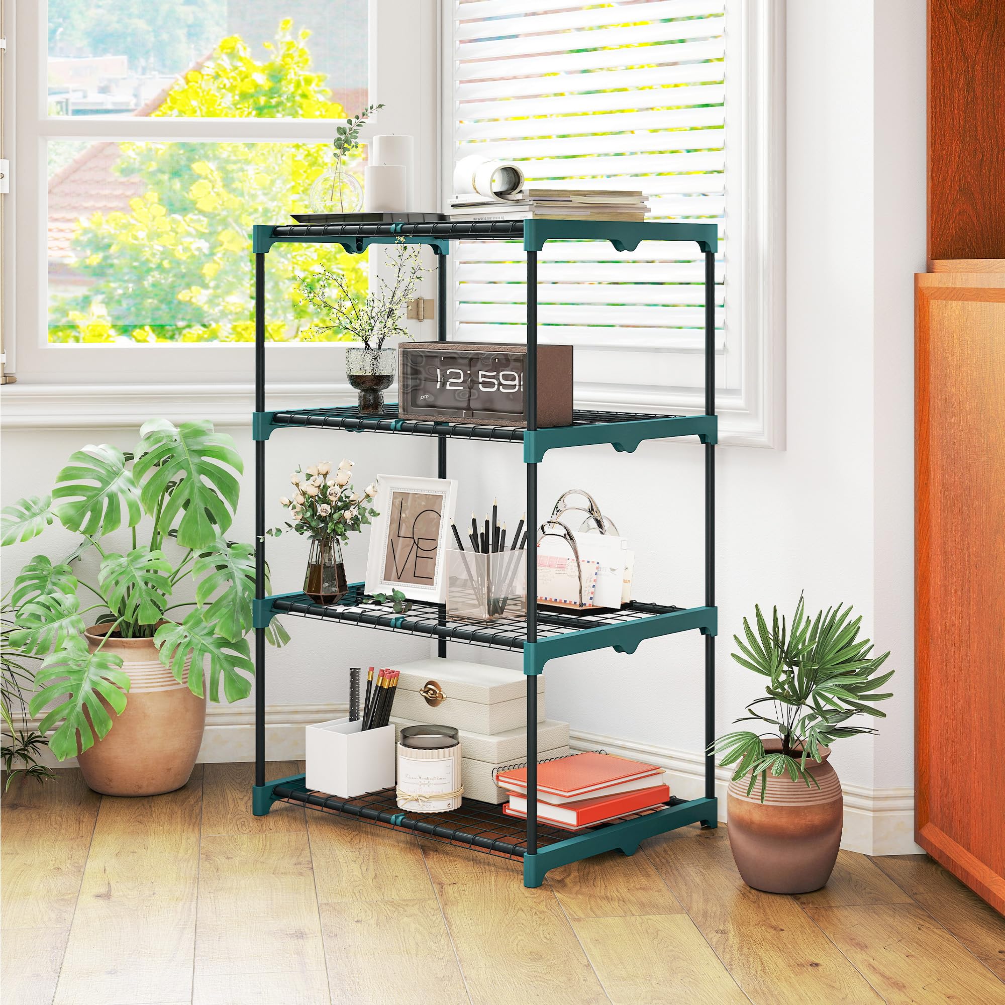 Outsunny Étagère à Fleurs en Acier 4 Niveaux Intérieur et Extérieur, Support de Plantes, Étagère à Plantes pour Jardin, Balcon, Salon, 67 x 49 x 105 cm, Vert