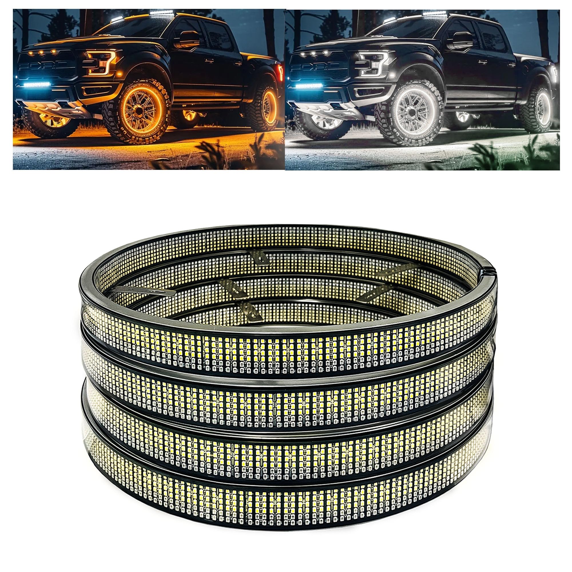 NBWDY 17in 12 Row Amber White Wheel Ring Lights with Amber Turn Signal White Courtesy Light APP RF Control,11928LEDs Waterproof IP68 Rim Tire Wheel Lights for Truck Car