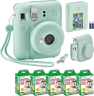 Fujifilm Instax Mini 12 Instant Camera Mint Green + MiniMate Accessory Bundle & Compatible Custom Case + Fuji Instax Film Value Pack (50 Sheets) Designer Photo Album (Mint Green)