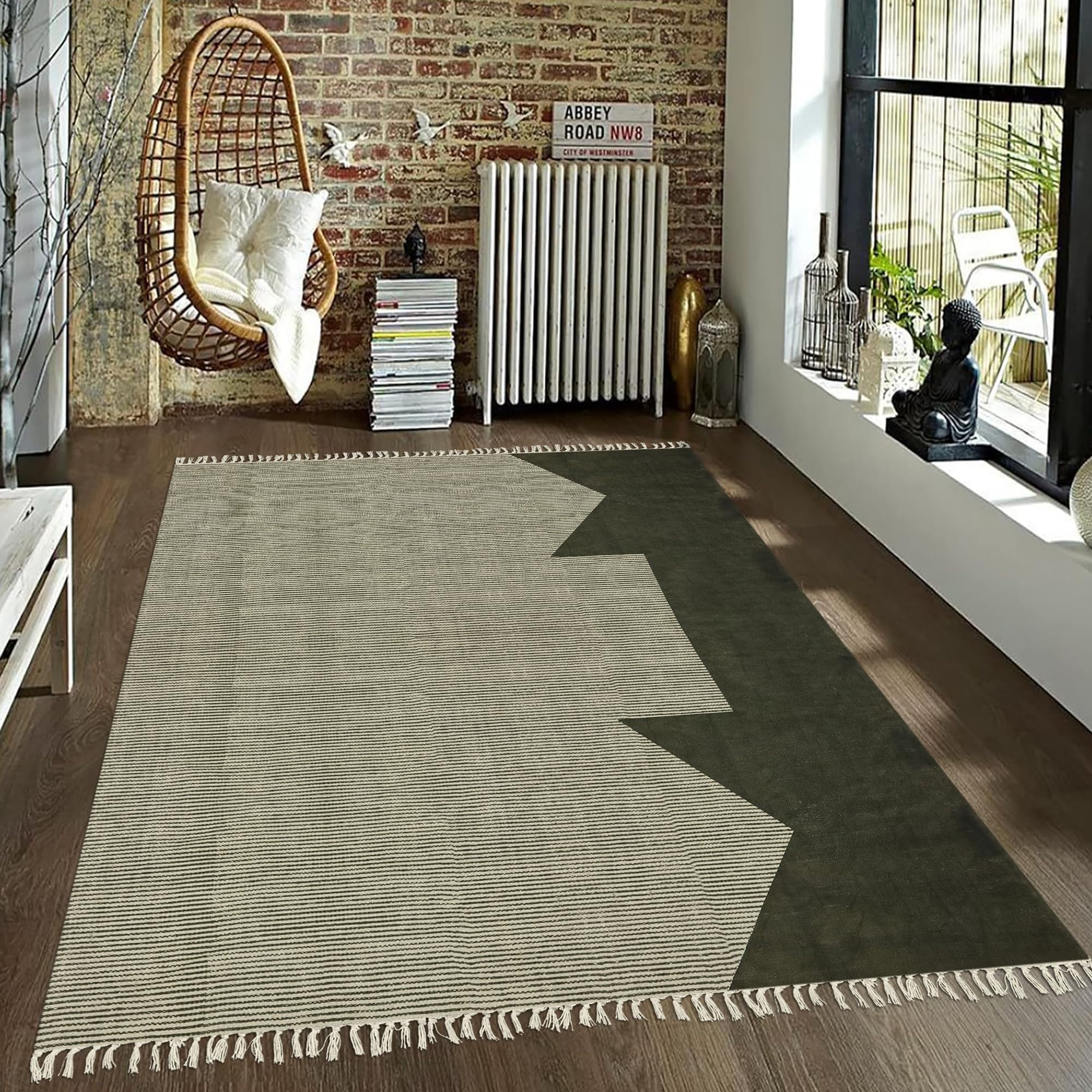 Handgemachter Kelim-Teppich, 4 x 6, Grün & Beige, geometrisch, dick, 0,19 Zoll, flach gewebt, waschbar, Baumwollteppich, Innenteppich für Küche, Flur