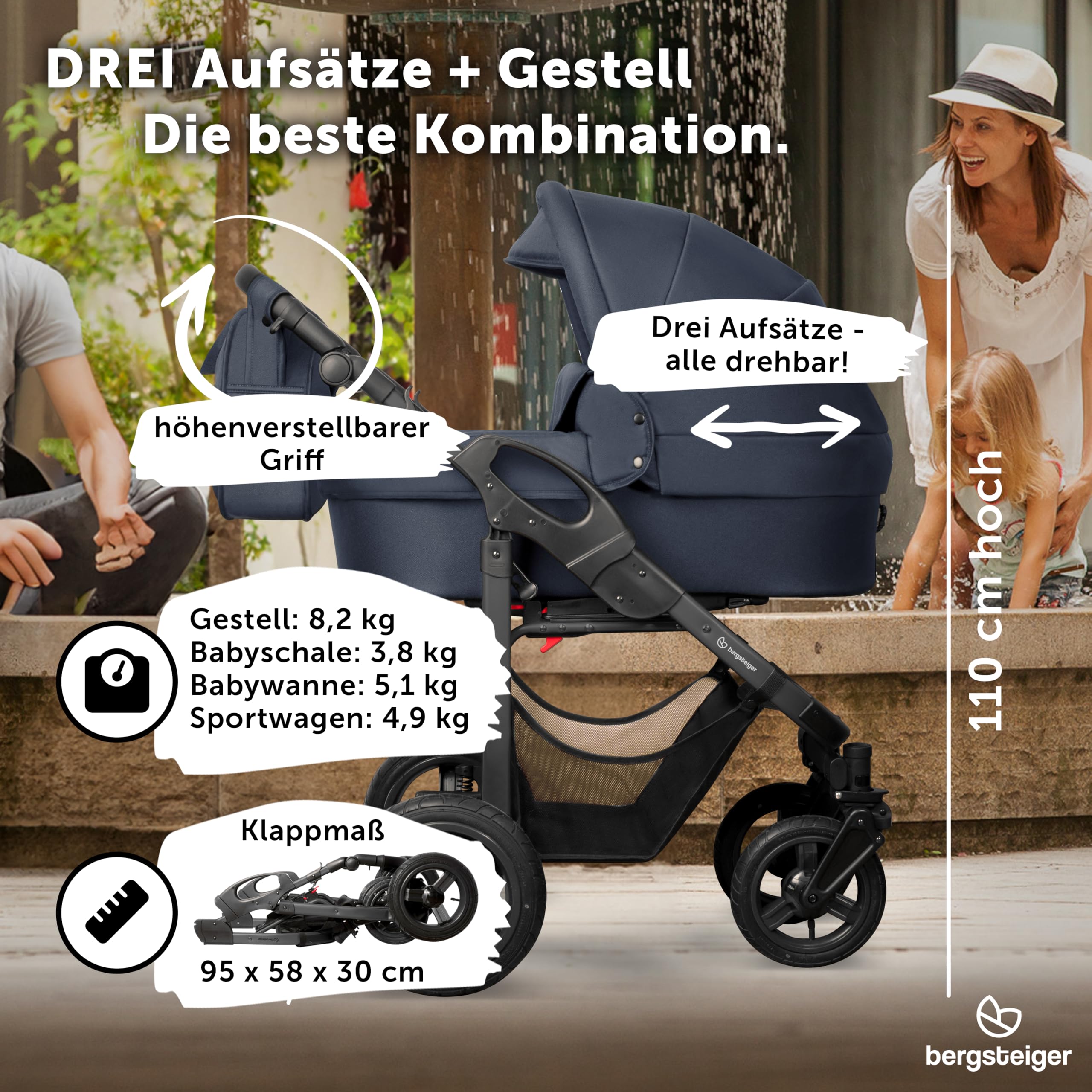 Bergsteiger Capri Kombikinderwagen 3-in-1 Babywanne Sportsitz Babyschale | Komfortables Reisesystem ab Geburt mit Luftreifen Rahmenfederung verstellbarem Griff Platzsparend faltbar und Wickeltasche
