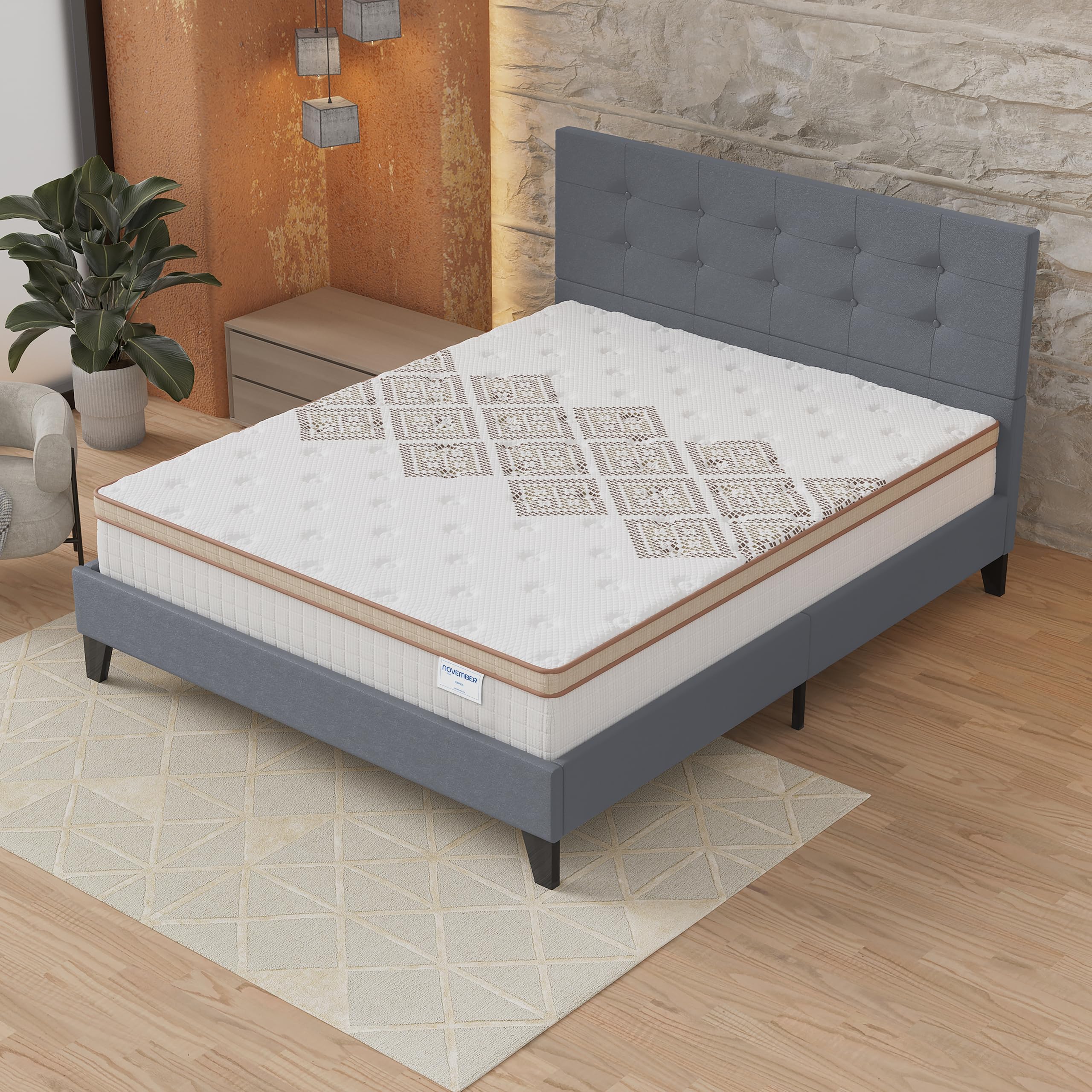 NOVEMBER- Ensemble Matelas + LIT (140x200cm)- Matelas Errakis 28cm Ressorts ensachés & Mousse HDensité + Sommier tête de lit Bois Stable & Robuste revêtement synthétique Gris