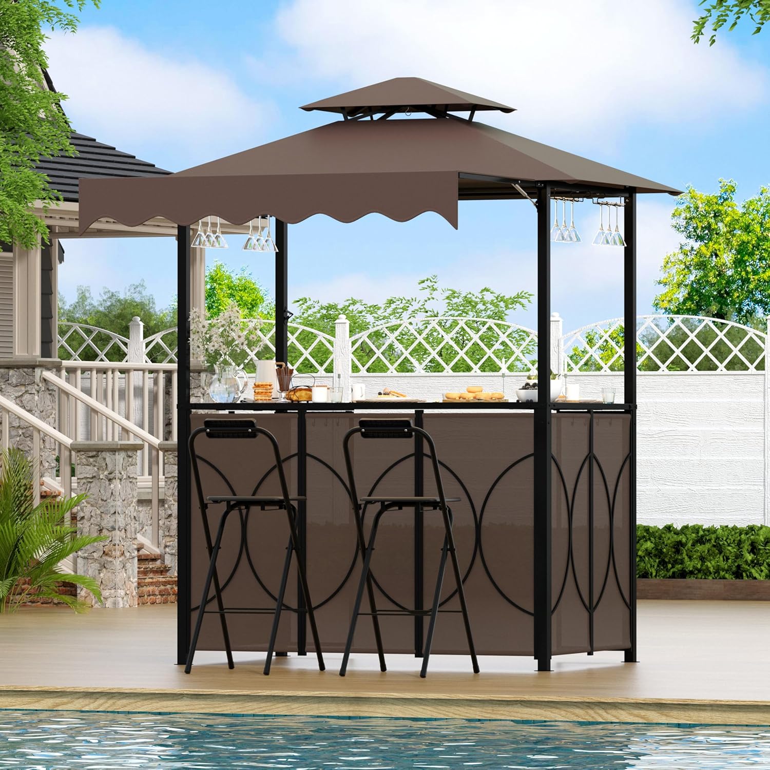 3-Piece Patio Bar Set, Double Tiered Grill Gazebo with Bar Table and 2 Foldable Stools, Outdoor Bar Gazebo with Storage Shelves,Glass Holders for Patio, Poolside, Garden