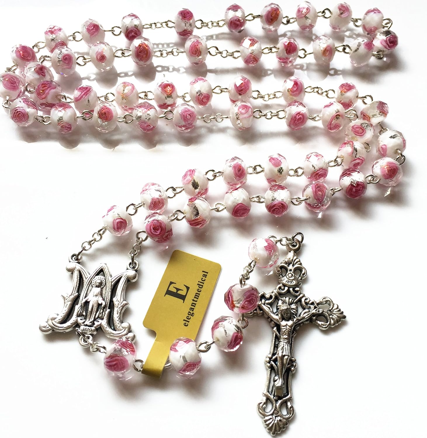 elegantmedical Handmade ROSE PINK Veluriyam ROSE BEADS ROSARY & ITALY CROSS MEDAL Catholic necklace GIFT BOX - Image 8