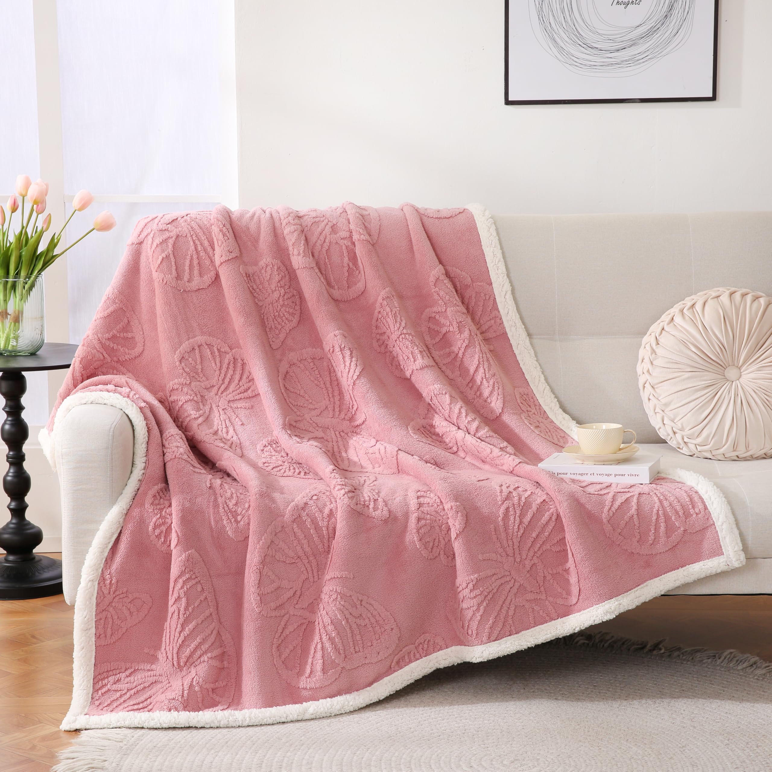 Gracelife Blanket for Women, Sherpa Throw Blanket for Couch, Flannel Butterfly Cozy Soft Blanket for Bed - Fleece, Pink, 80x90 Inches — image 1
