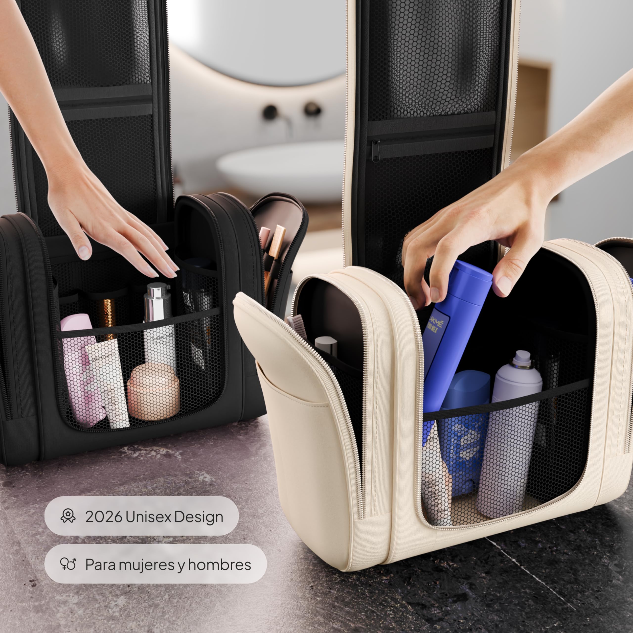 Travelaner® Neceser Hombre y Mujer Design 2026, XXL 3-en-1 Neceser de Viaje Colgante 9L, Gran Bolsa de Aseo Impermeable, Bolsa de Maquillaje, Beige Crema