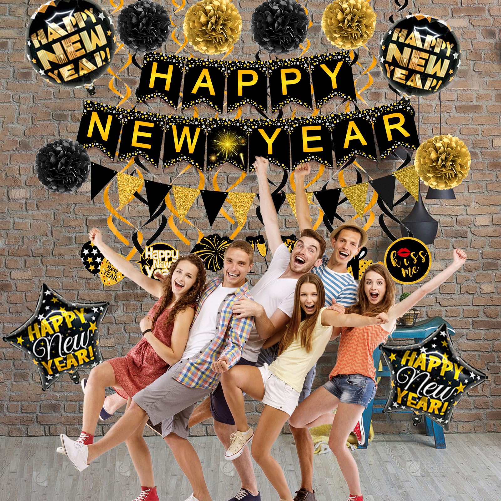 Famoby Happy New Year Paper Banner Triangle Flag Bunting Pom poms Swirls Streamers & Balloons for New year Party Decoration