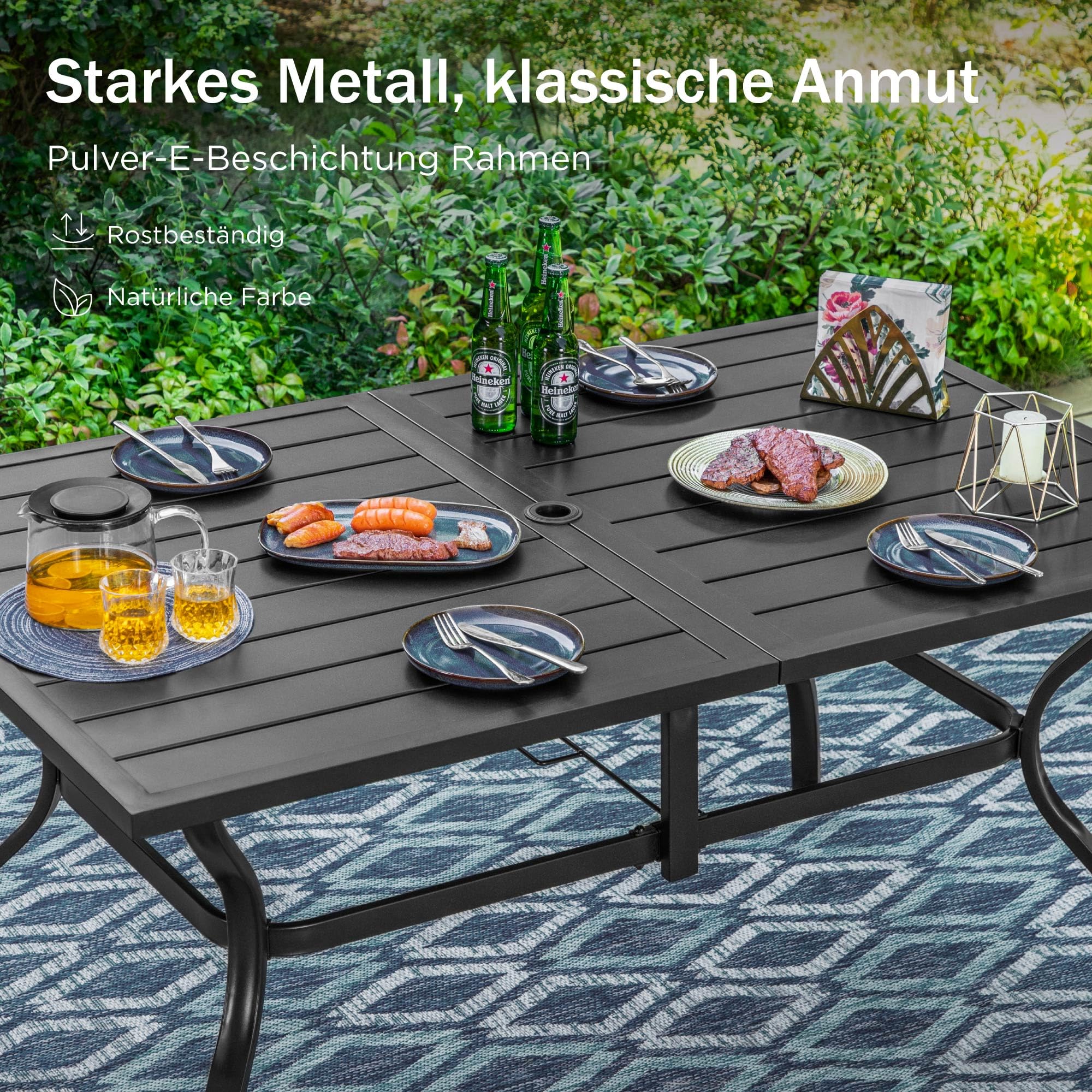 PHI VILLA 7-teiliges Gartenmöbel Set, Terrassenmöbel Outdoor mit 1 Rechteckig Gartentisch und 6 Textilene Stapelstühlen, Wetterfest E-Beschichtung Metall Gartenset für Hinterhof Veranda Poolbereich
