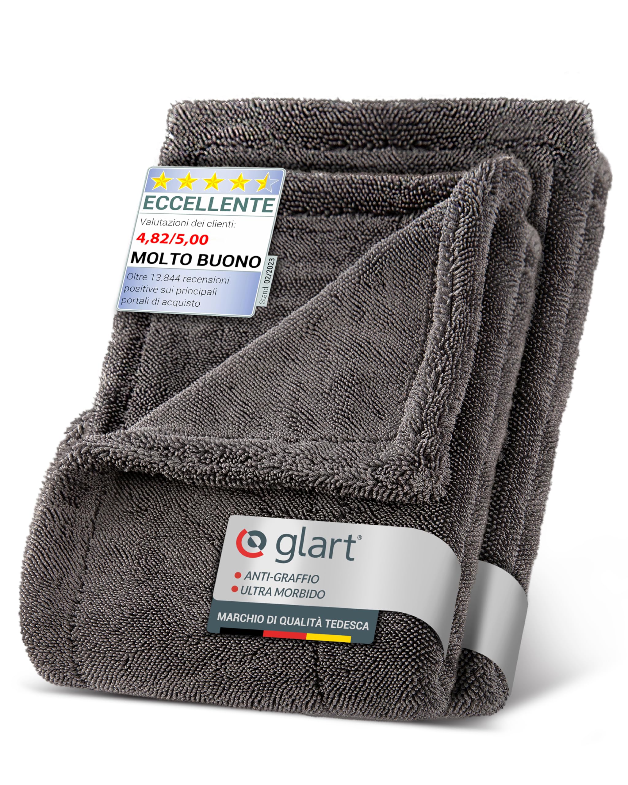 Glart 44TW68 Set Twist Panno Asciugante Auto XXL - Premium 80x55cm e 60x40cm panni in microfibra per asciugatura senza graffi prima/dopo lucidatura e pulizia dei cerchi, grande panno per auto e moto