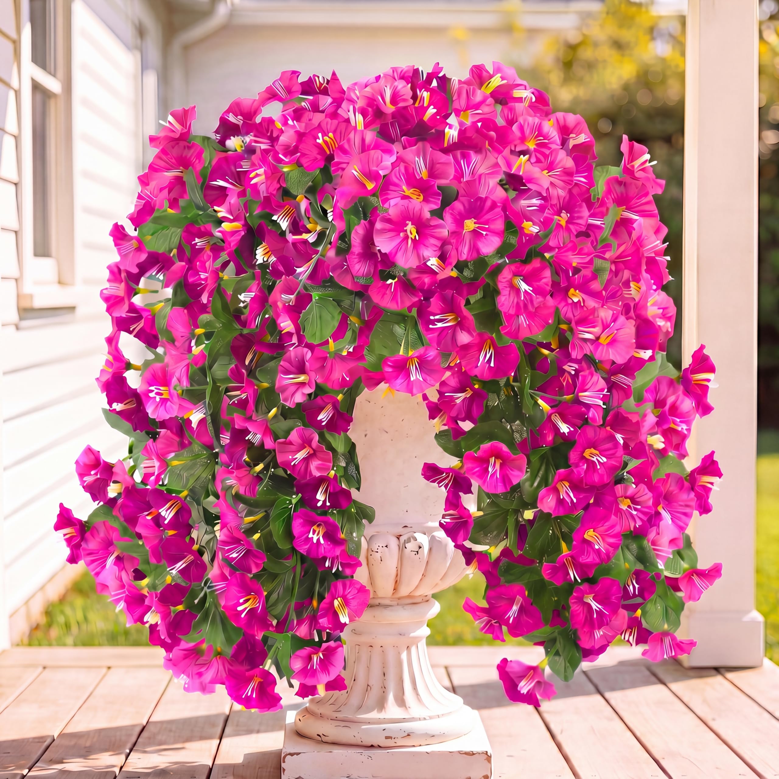 Photo 1 of Sggvecsy Artificial Fake Hanging Flowers Plants for Outdoor Outside Spring Summer Decoration 2PCS Faux Silk UV Resistant Realistic Morning Glory Trailing Vines for Home Porch Patio Balcony(Purple red)
