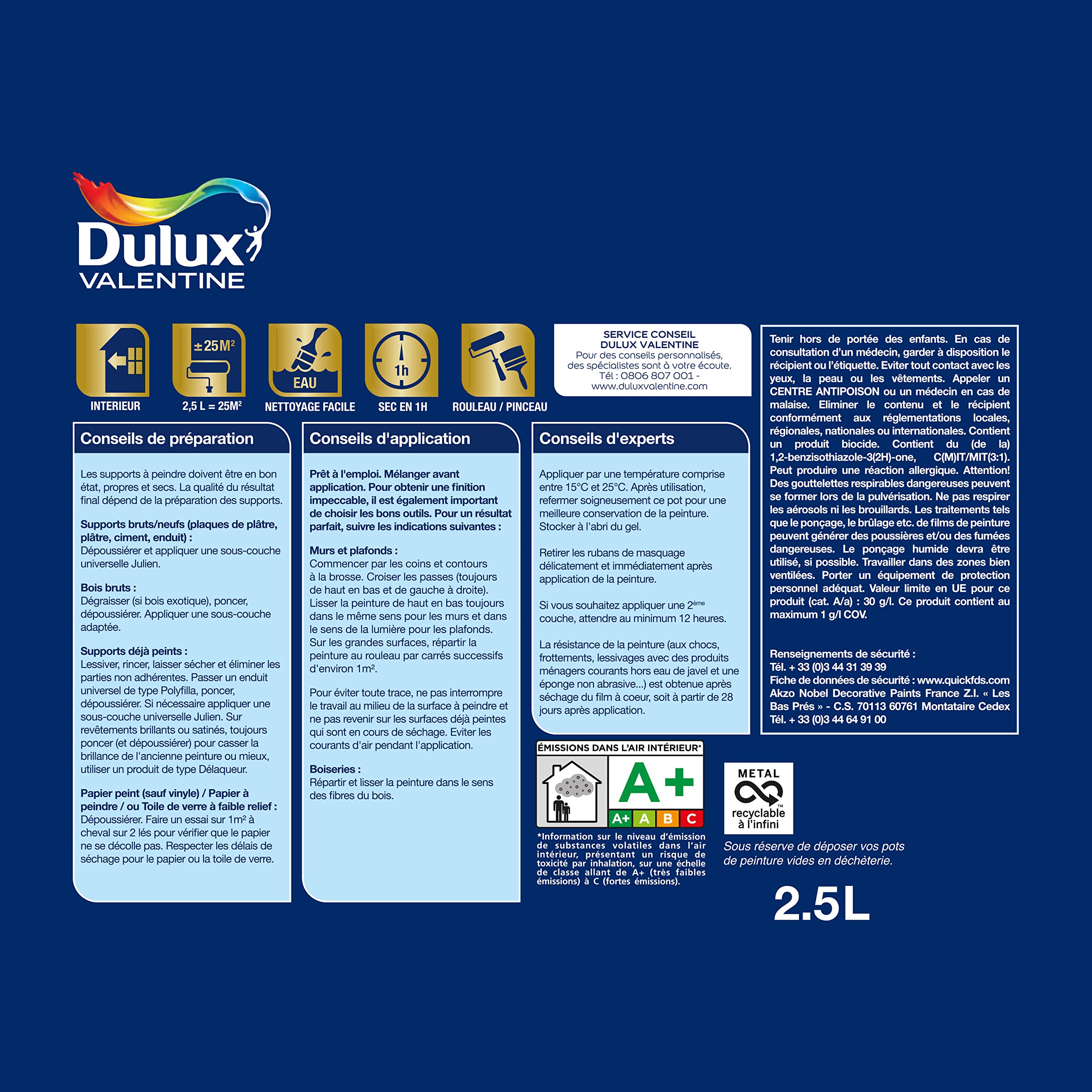 Dulux Valentine Le Blanc Haute Resistance - Peinture Intérieure Murs, Plafonds et Boiseries - Pièces sèches et humides - Mat Blanc 2,5 L