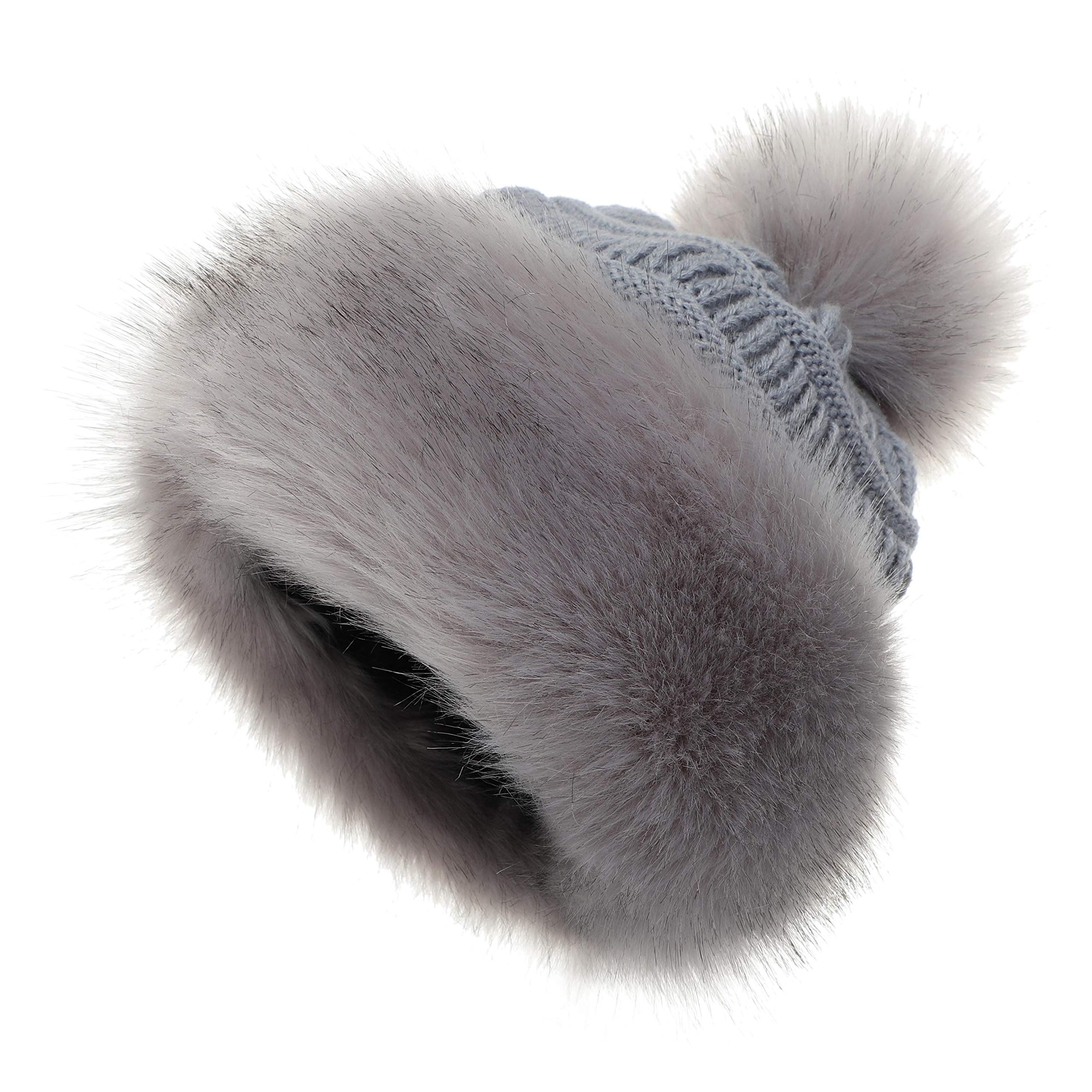 Soul Young Women's Faux Fur Hat Black Russian Cossack Knit Pompom Ski Snow Cap for Winter White