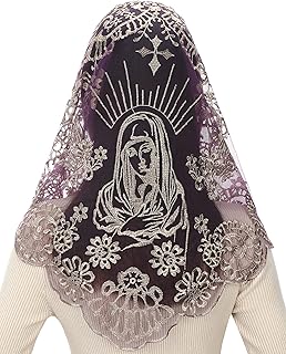 Spanish Catholic Lace Veil - Virgin Mary Embroidery Church Mantilla Chapel Mass Scarf Prayer Veil with Hairclips