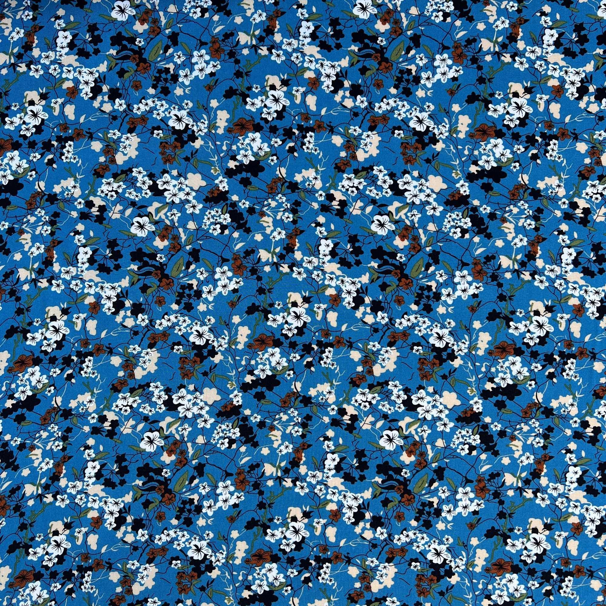 Emma Floral Flowers Viscose Twill Challis Printed Summer Clothing Dress Blouses Curtain Lightweight Silky Feel Fabric Material | 55" - 140 cm Wide | Sold per Metre (Pacific)