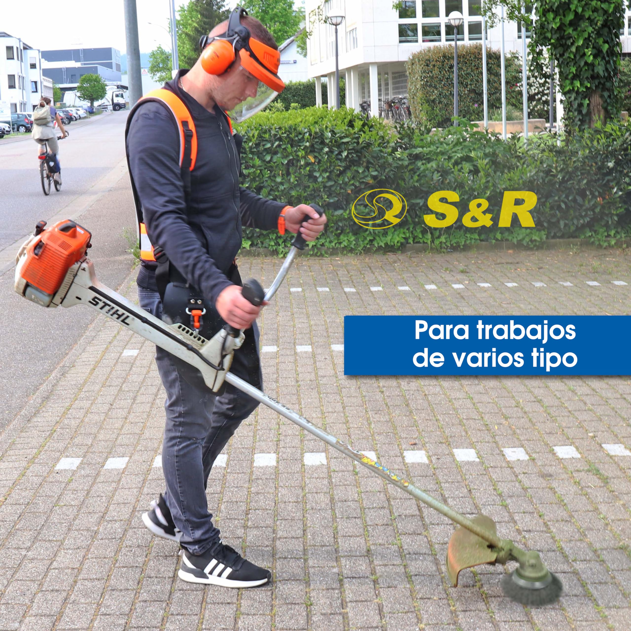 S&R Cepillo para Desbrazadora Cabezal Desbrozadora Cepillo Alambre Universal Acero PREMIUM 200 mm. Cepillo Mala Hierbas Musgo Cabezal de desbrozadora.
