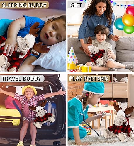 Miniatura 4 de DolliBu Disfraz de alce de felpa súper suave a cuadros rojos, suave y abrazable, adorable peluche de alce del zoológico con ropa, lindo regalo de