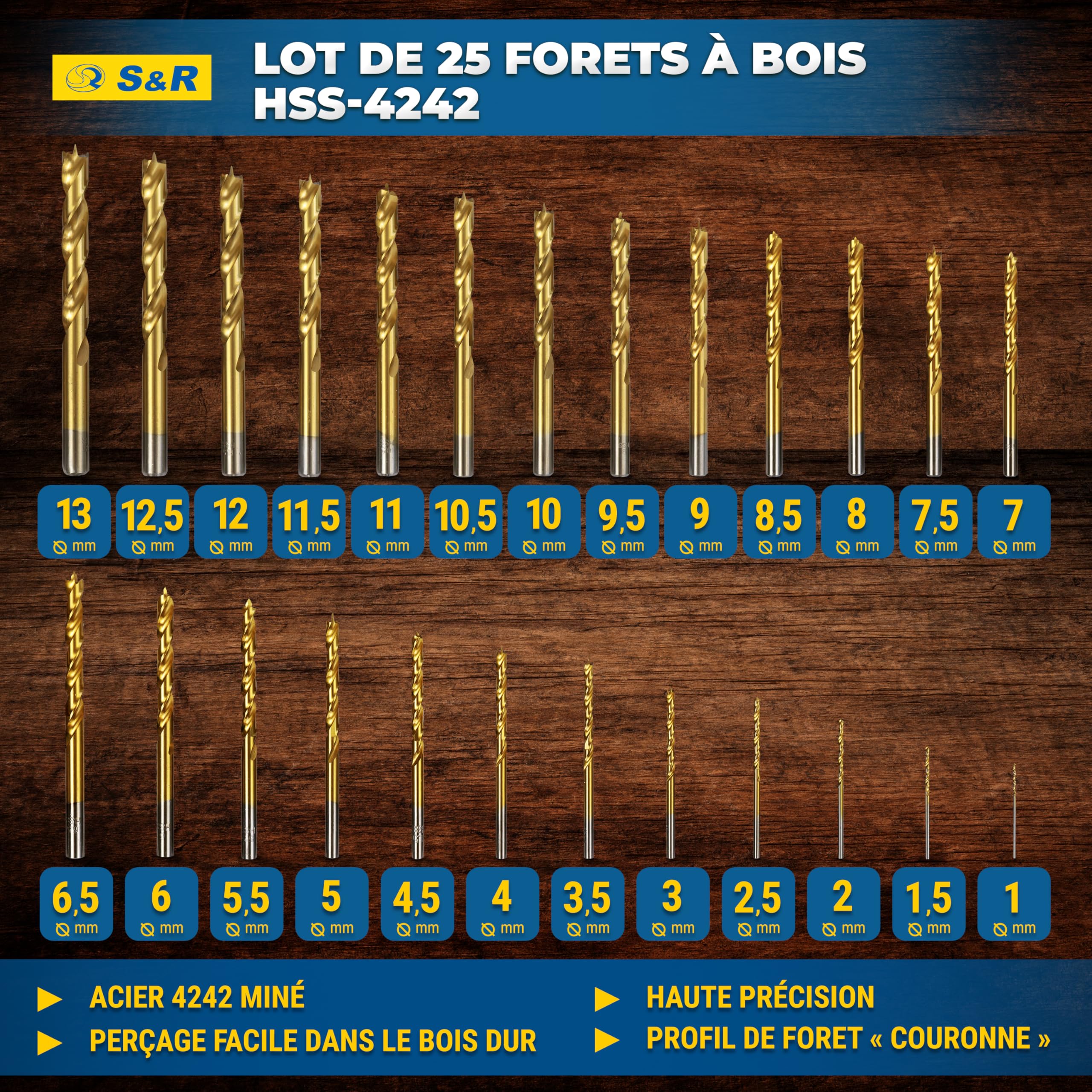 S&R Coffret Forets à Bois Professionnels 25 pcs 1-13mm en acier HSS 4241 revêtu en Titane. Forets pour perceuse à main et à colonne