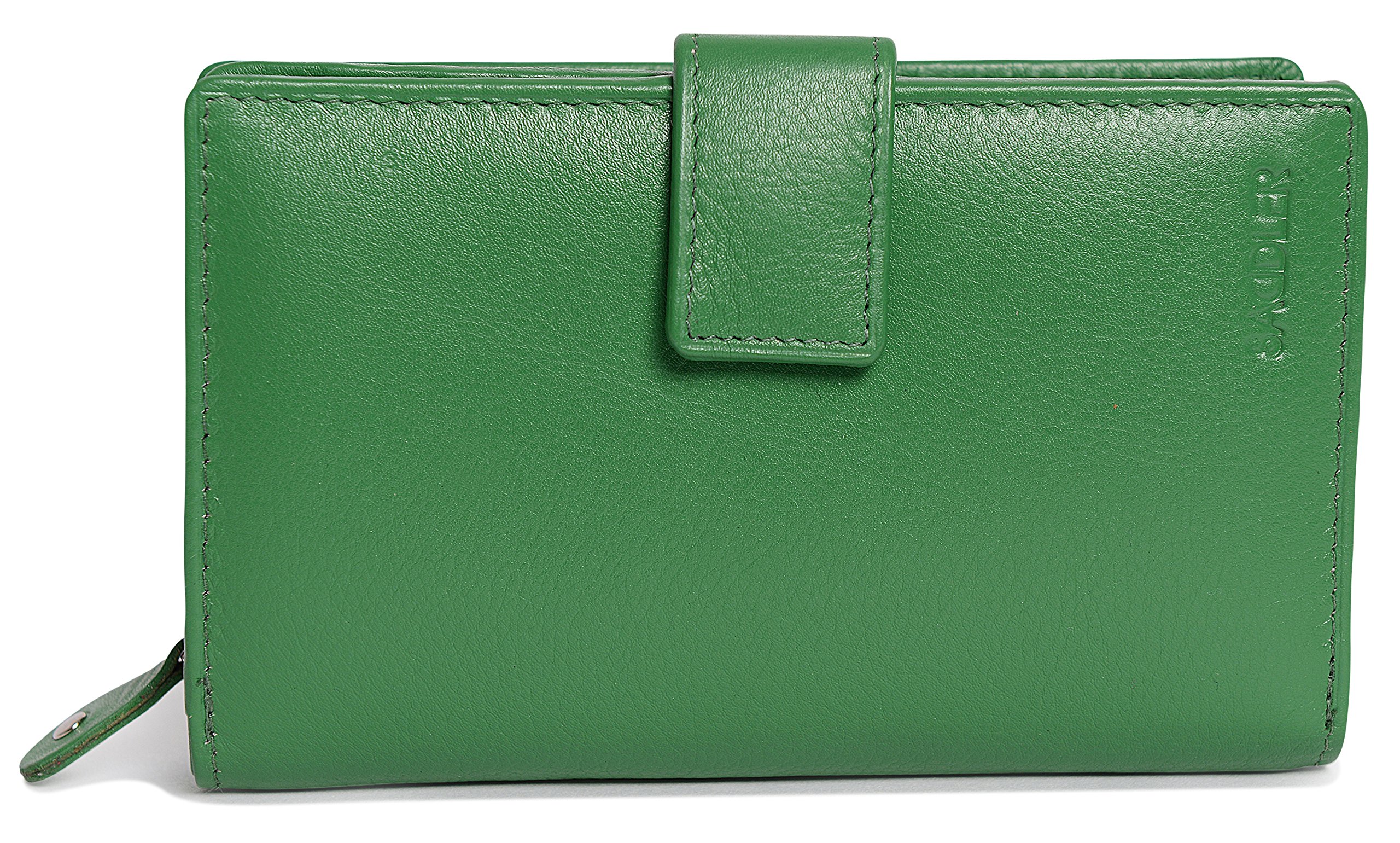 SADDLER Billetera de Cuero Real de 14cm con Cierre de Boton a Presion y Monedero Atrás con Cremallera de 3 Vias
