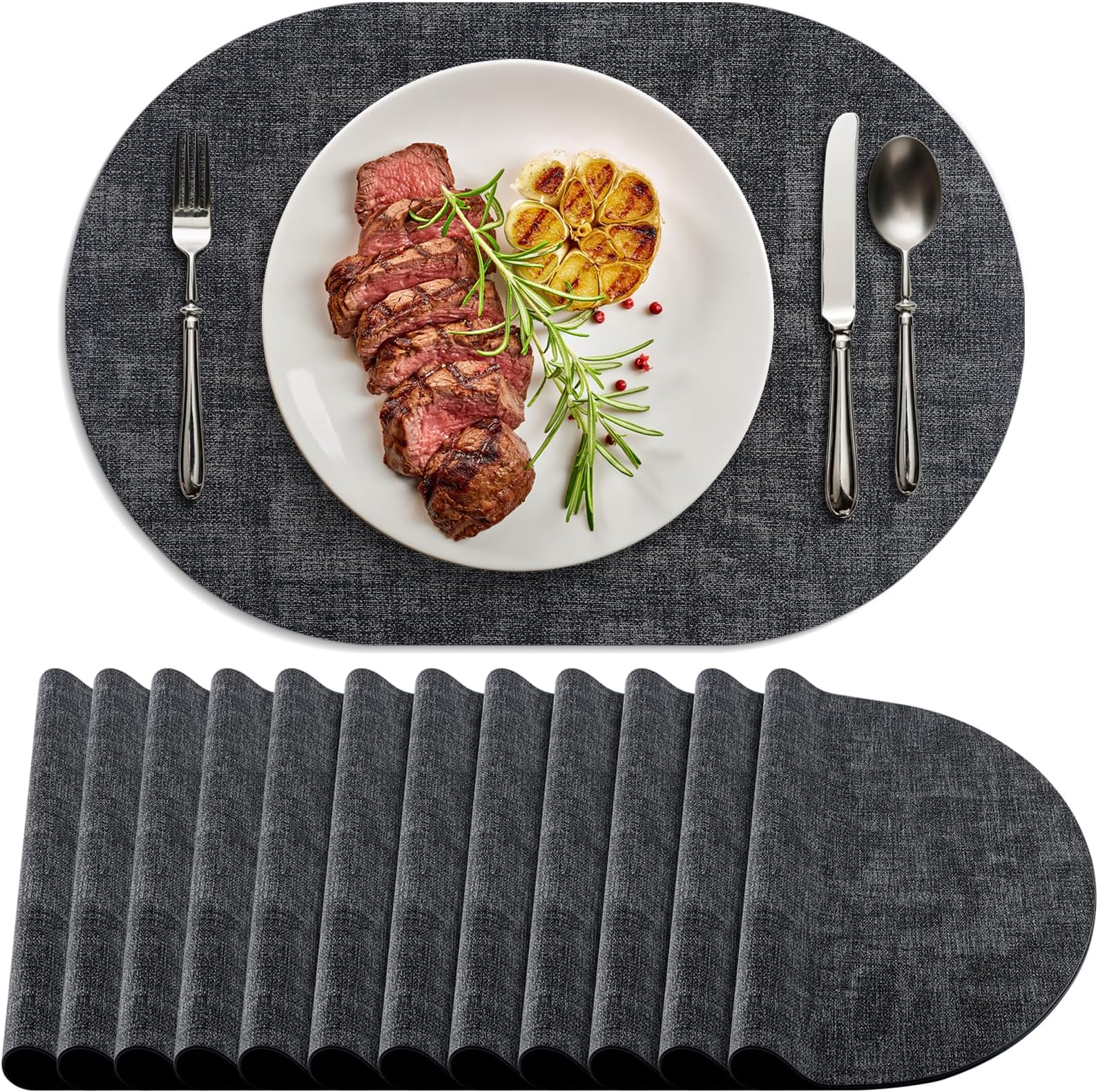 Placemats Set of 12 Washable, Heat Resistant Table Placemats Wipeable Faux Leather Oval Place Mats Non Slip, Waterproof Oval Table Mats for Indoor Outdoor, Charcoal