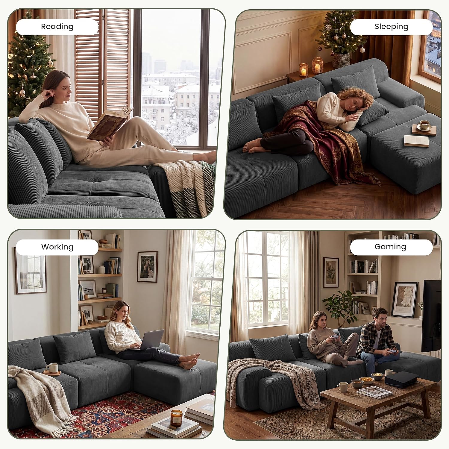 GRUSIGN 108'' Modular Sectional Boneless Couch, Tufted Cloud Sectional Couches for Living Room, L Shape Deep Seat Sofa with Ottoman & 3 Throw Pillows,Corduroy Oversized Couch,Dark Grey | Sectional, L Shape Modular, With Ottoman, 3 Throw Pillows, Corduroy, Vacuum Sealed