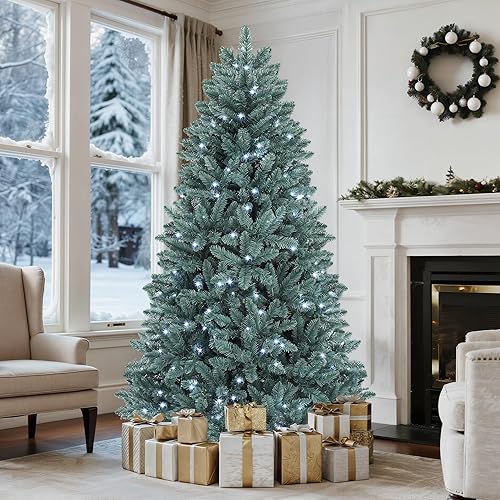 GOOBED Prelit Blue Spruce Christmas Tree, 6 FT Blue Christmas Tree with Hinged Branches & Foldable Stand, Artificial Xmas Tree Pre Lit with 450 LED Lights & Timer