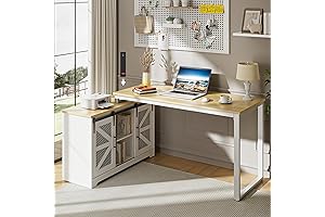 Rustic Farmhouse Corner Desk with Storage and Built-in Power Socket