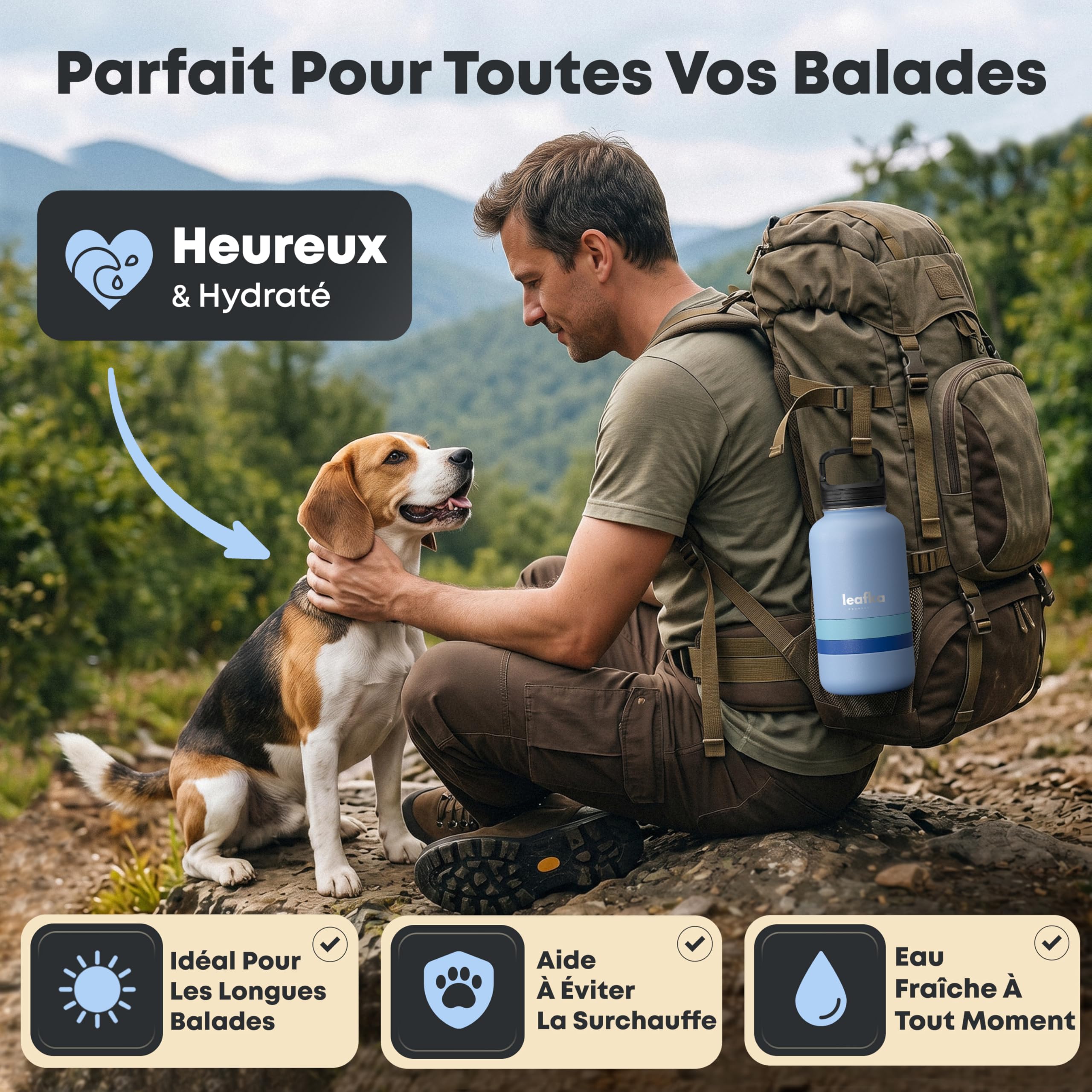 Bouteille pour Chien 3 en 1 avec Gamelle Eau et Compartiment Croquettes, Gourde de Voyage Portable pour Chien et Chat, Bouteille Transport Eau et Nourriture pour Animaux - 1L (Bleu)