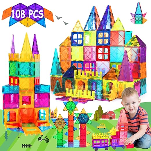 DMOIU 108PCS Magnetic Tiles, Magnetic Blocks Kids Toys, Magnet Tiles for Kids Age 3-5 4-8 8-12 STEM Toys, Magnetic Building Blocks Preschool Educational Toys, Birthday