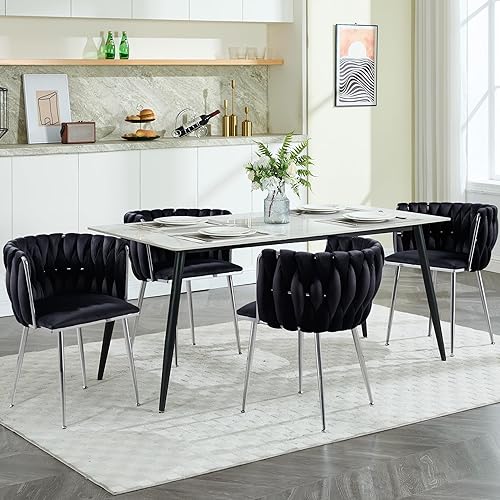 Miniatura 2 de Juego de 4 sillas de comedor de terciopelo, sillas laterales tapizadas tejidas con patas de metal plateado, Sillas de Comedor 4, sillas decorativas