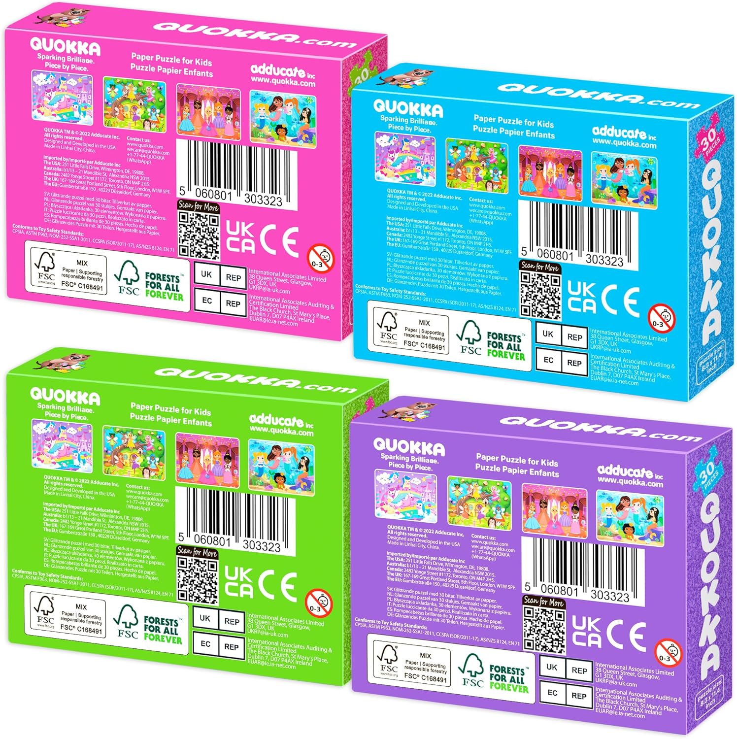 QUOKKA Puzzles for Toddlers 3-5 – Shimmer 4-Pack 30 Pieces Puzzles for Kids Ages 2-4 - Fairy Tale Jigsaw Set with Princess Unicorns for Kids 4-6 Years, Gift for 3 Year-Old Boy Girl, FSC Certified Toy