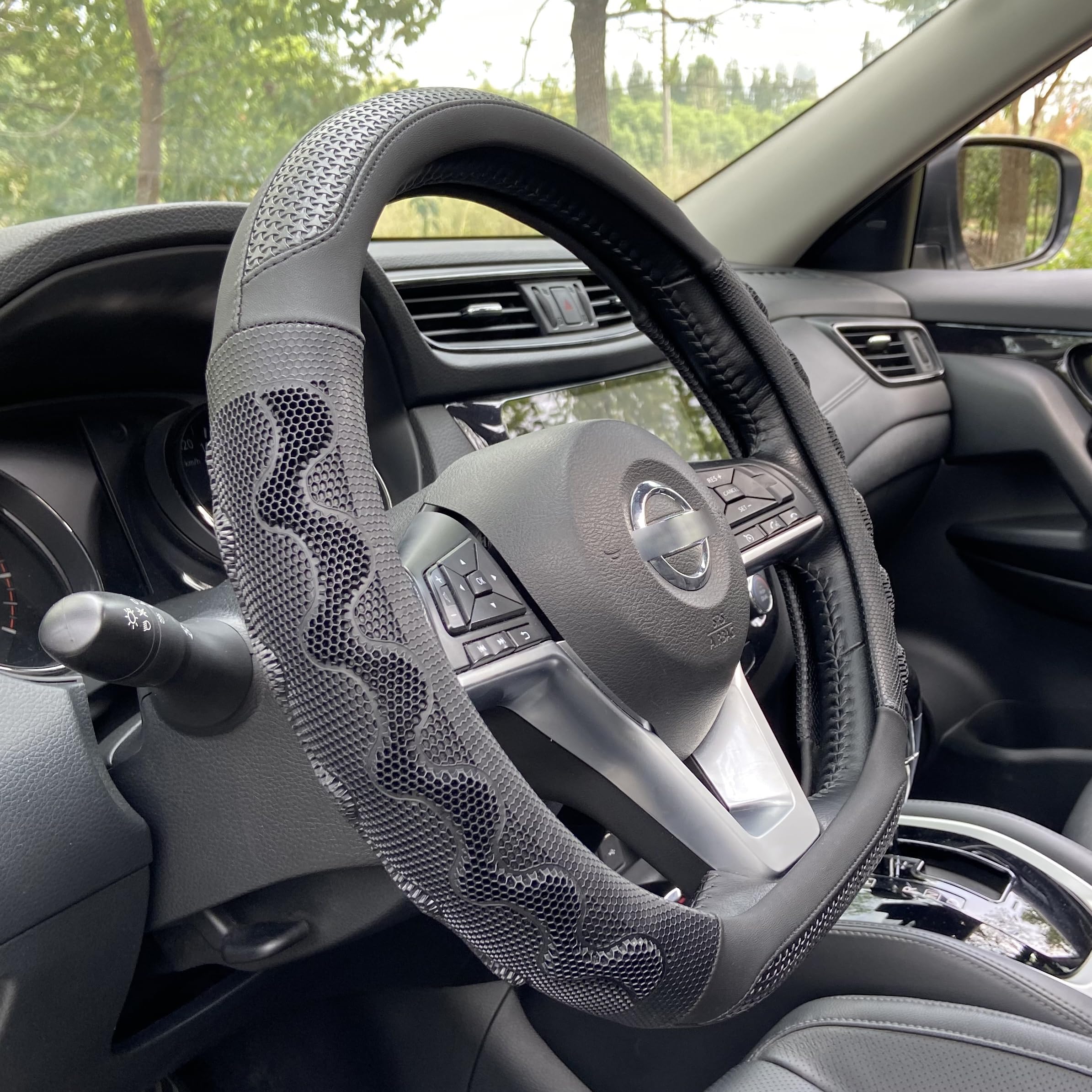 PINCTROT D Shaped 14.5-15 Inch Steering Wheel Cover Great Grip with 3D Honeycomb Anti-Slip Design, Flat Bottom 14.5-15 Inch (All Black)