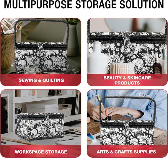 SINGER Sewing Basket, Sewing Kit with Notions, Black & White Floral Print