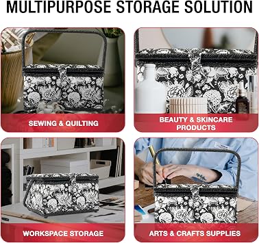 SINGER Sewing Basket, Sewing Kit with Notions, Black & White Floral Print