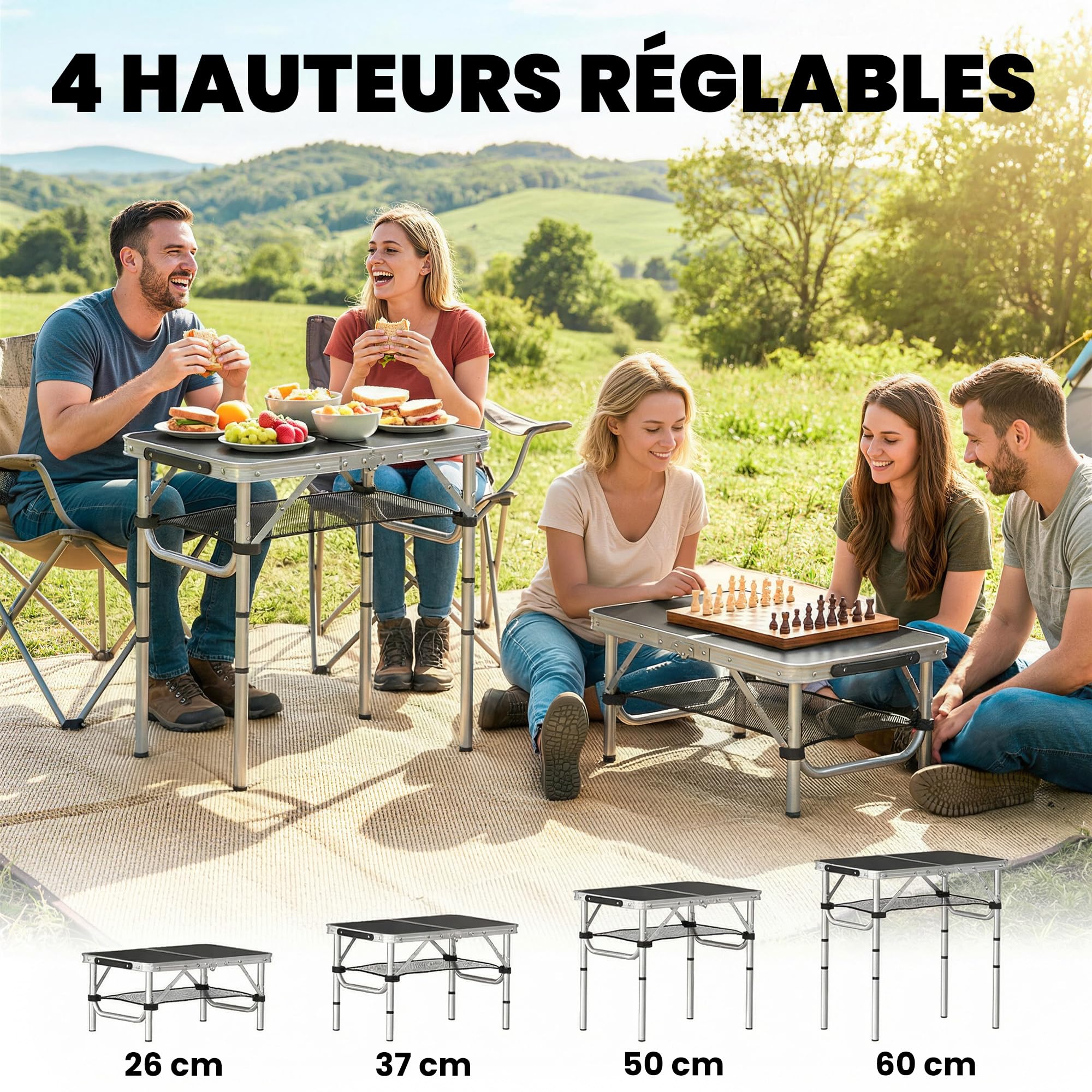 Outsunny Table Pliante en Aluminium, Table de Camping Pliante rectangulaire 60 x 40 x 60 cm, avec poignée, 4 hauteurs réglables, Rangement en Filet, pour intérieur/extérieur, pour terrasse, Blanc