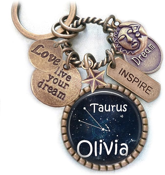 Taurus Constellation Backpack-Purse Clip, Key Chain or Necklace, Custom Name, Late April or May Birthday, Zodiac, Astrology, Birth Sign Gift, Love and Inspire