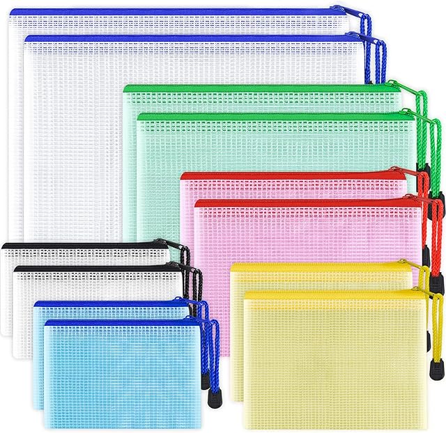 Smarpau Document Zipper Bags with Assorted Size,12 PCS Mesh Pencil Case Plastic Folders Document Wallets File Zipper Bags Ziplock Bags Storage Pouch for School, Home, Office Supply and Travel(6 Size)